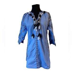 Gueanor Blue Embroidered Long Sleeve Tunic Dress